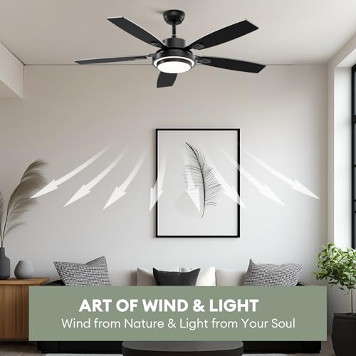 Size 52 Color Black Ceiling Fans with Lights and Remote Control, Ceiling Fan for Bedroom Living Room and Patio, Medium Modern Black Ceiling Fan for Indoor and Outdoor